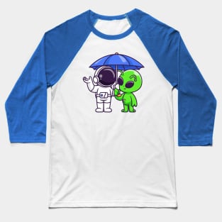 Cute Astronaut And Alien Standing Under Umbrella Cartoon Baseball T-Shirt